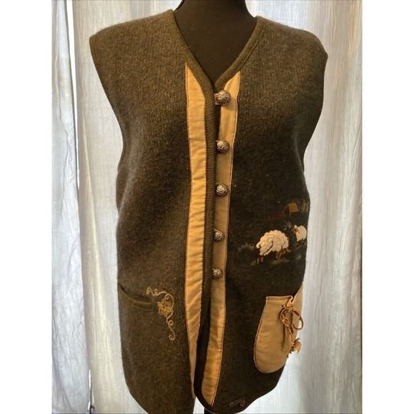 Stapf Austria  Womens  New Pure Wool Sweater vest Buttoned  Dark Green Tan  40 - Picture 1 of 10